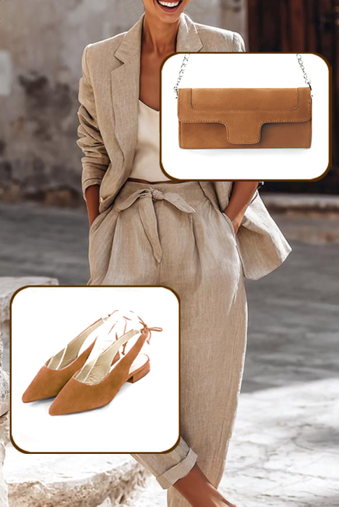 Dress slingback heels in camel beige leather with flat flare heels and pointed toe - Worn view